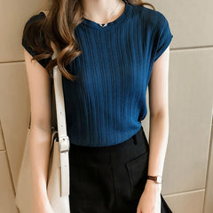 Summer Ice Silk Knitted Tops Short Sleeve Solid Bright Office Lady Work Causal Silk Shirts Korean Japan Slim Knitwear