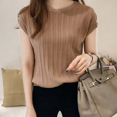 Summer Ice Silk Knitted Tops Short Sleeve Solid Bright Office Lady Work Causal Silk Shirts Korean Japan Slim Knitwear