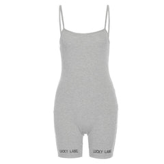 Simenual Ribbed Letter Embroidery Casual Women Playsuits Strap Workout Active Wear Bodycon Rompers Fashion Biker Shorts Playsuit