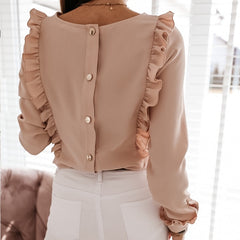 Women Ruffles White Back Buttons OL Blouse O-Neck Long Sleeve Solid Tops Female  Spring Autumn Fashion Casual Blouses Ladies