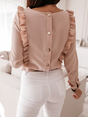 Women Ruffles White Back Buttons OL Blouse O-Neck Long Sleeve Solid Tops Female  Spring Autumn Fashion Casual Blouses Ladies