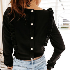 Women Ruffles White Back Buttons OL Blouse O-Neck Long Sleeve Solid Tops Female  Spring Autumn Fashion Casual Blouses Ladies