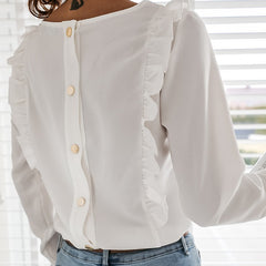 Women Ruffles White Back Buttons OL Blouse O-Neck Long Sleeve Solid Tops Female  Spring Autumn Fashion Casual Blouses Ladies