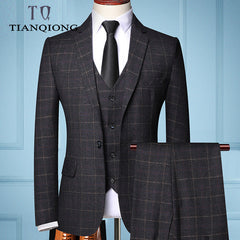 Three-piece Male Formal Business Plaids Suit for Men's Fashion Boutique Plaid Wedding Dress Suit ( Jacket + Vest + Pants )