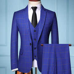 Three-piece Male Formal Business Plaids Suit for Men's Fashion Boutique Plaid Wedding Dress Suit ( Jacket + Vest + Pants )