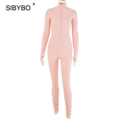 SIBYBO Spring Turtleneck Skinny Casual Jumpsuit Women Long Sleeve Front Zipper Sport Wear Women Rompers Black Overalls for Women