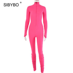 SIBYBO Spring Turtleneck Skinny Casual Jumpsuit Women Long Sleeve Front Zipper Sport Wear Women Rompers Black Overalls for Women