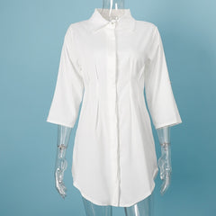 Summer White Pleated Tunic Women's Long Shirts Adjustable Sleeve Single Breasted Shirt Female