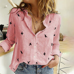 Spring Summer Birds Printed Women's Shirts White Casual Long Sleeve Female Office Shirt Loose Plus