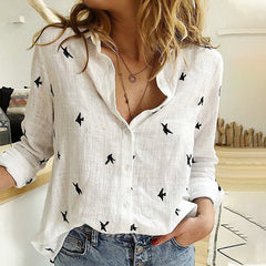 Spring Summer Birds Printed Women's Shirts White Casual Long Sleeve Female Office Shirt Loose Plus