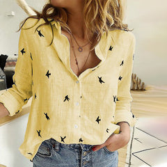 Spring Summer Birds Printed Women's Shirts White Casual Long Sleeve Female Office Shirt Loose Plus