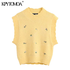 KPYTOMOA Women  Sweet Fashion Floral Embroidery Knitted Vest Sweater Vintage High Neck Sleeveless Female Waistcoat Chic Tops