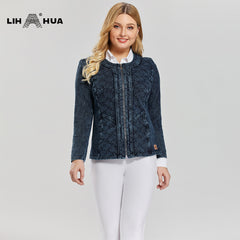 LIH HUA Women's Plus Size Casual Denim Jacket Premium Stretch Knitted Denim with shoulder pads