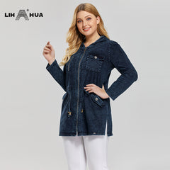 LIH HUA Women's Plus Size Casual Long Style Denim Jacket Woman Premium Stretch Knitted Denim with shoulder pads and hat