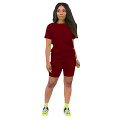 Two-piece Solid Color Women's Clothing. Short-sleeved Crew Neck T-shirt and Tight-fitting Shorts. Simple Style Tracksuit Outfit