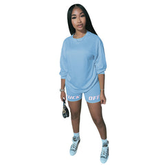 Two-piece Solid Color Women's Clothing. Short-sleeved Crew Neck T-shirt and Tight-fitting Shorts. Simple Style Tracksuit Outfit