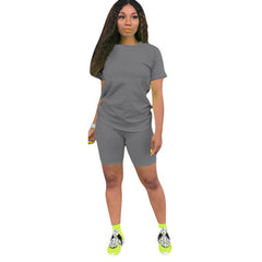 Two-piece Solid Color Women's Clothing. Short-sleeved Crew Neck T-shirt and Tight-fitting Shorts. Simple Style Tracksuit Outfit