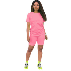 Two-piece Solid Color Women's Clothing. Short-sleeved Crew Neck T-shirt and Tight-fitting Shorts. Simple Style Tracksuit Outfit