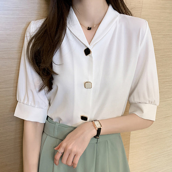 Casual Shirts For Women  Summer Turn-down Collar Short Sleeve Single-breasted Chiffon Blouses Tops All Match T05507K