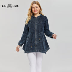 LIH HUA Women's Plus Size Casual Fashion Denim Jacket Woman Premium Stretch Knitted Denim with shoulder pads