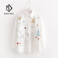 New Arrival Women Cartoon Embroidery Cotton White Shirt Long Sleeve Blouse Elephant Tree Sun Loose Tops Casual Feminina Blusa T0