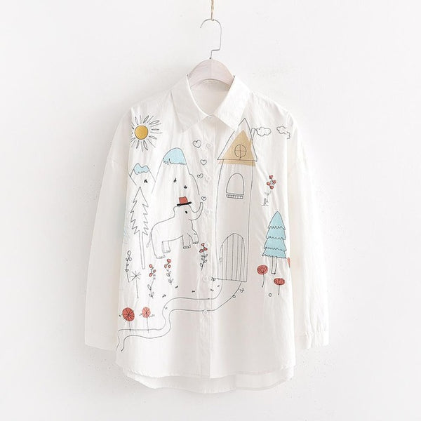 New Arrival Women Cartoon Embroidery Cotton White Shirt Long Sleeve Blouse Elephant Tree Sun Loose Tops Casual Feminina Blusa T0