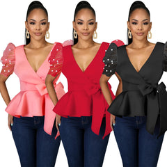 Blouse Tops Peplum V Neck Patchwork Short Sleeve Beading with Waist Belt Red Black Tops Shirts Party Fashion Night Date Out