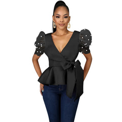 Blouse Tops Peplum V Neck Patchwork Short Sleeve Beading with Waist Belt Red Black Tops Shirts Party Fashion Night Date Out