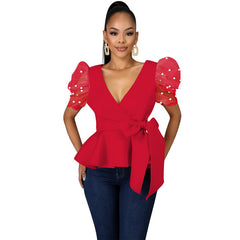 Blouse Tops Peplum V Neck Patchwork Short Sleeve Beading with Waist Belt Red Black Tops Shirts Party Fashion Night Date Out