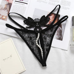 Women G-String Crotchless Underpants Lace Thong Erotic Girl Low Waist Temptation T Pants Transparent Pearl Sexy Ladies Underwea