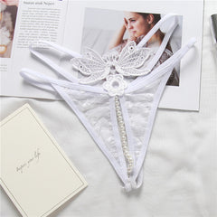 Women G-String Crotchless Underpants Lace Thong Erotic Girl Low Waist Temptation T Pants Transparent Pearl Sexy Ladies Underwea