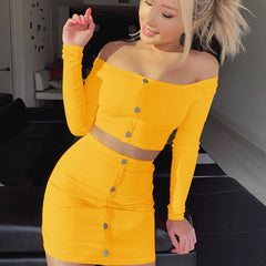 Two Piece Set Solid Button Bodycon 2 Piece Set Women Long Sleeve Top And Skirt Summer Autumn Sets