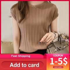 Summer Ice Silk Knitted Tops Short Sleeve Solid Bright Office Lady Work Causal Silk Shirts Korean Japan Slim Knitwear