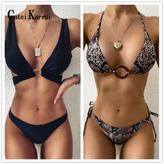 Catei Karrui  new women's swimsuit loop strap bikini double face plain swimsuit bikini swimming pool party essential