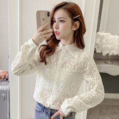 COIGARSAM Fashion Lace Shirt Womens tops New Spring Korea Style Office Lady Full Sleeve Chiffon Women shirts White Apricot 6069