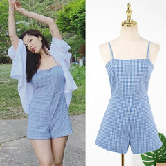 kpop 4Minute Kim Hyun A Summer fashion blue plaid sling lace-up jumpsuit + white loose cardigan shirts tops women two piece set