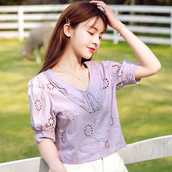 COIGARSAM Vintage blouse women New Cute Puff Sleeve Hollow Out blusas womens tops and blouses Purple 9289