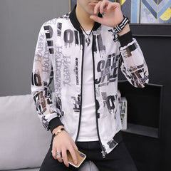 Casual Feather Print Bomber Jacket Slim Fit Hollow Out Thin Outwear Coats Men  Summer Jackets Men Sun-protective Clothing