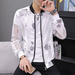 Casual Feather Print Bomber Jacket Slim Fit Hollow Out Thin Outwear Coats Men  Summer Jackets Men Sun-protective Clothing