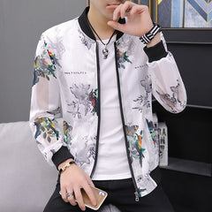 Casual Feather Print Bomber Jacket Slim Fit Hollow Out Thin Outwear Coats Men  Summer Jackets Men Sun-protective Clothing