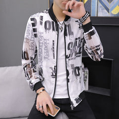 Casual Feather Print Bomber Jacket Slim Fit Hollow Out Thin Outwear Coats Men  Summer Jackets Men Sun-protective Clothing