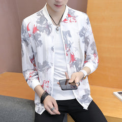 Casual Feather Print Bomber Jacket Slim Fit Hollow Out Thin Outwear Coats Men  Summer Jackets Men Sun-protective Clothing