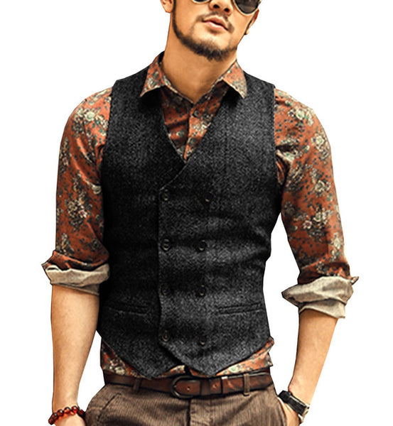 Men's Waistcoat Wool Tweed Slim Fit Leisure Cotton Suit Vest Gentleman Herringbone Pattern Beckham business Brown Wedding Groom