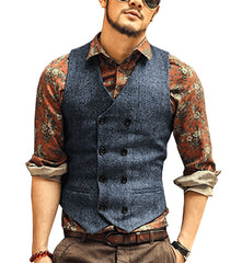 Men's Waistcoat Wool Tweed Slim Fit Leisure Cotton Suit Vest Gentleman Herringbone Pattern Beckham business Brown Wedding Groom