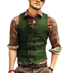 Men's Waistcoat Wool Tweed Slim Fit Leisure Cotton Suit Vest Gentleman Herringbone Pattern Beckham business Brown Wedding Groom