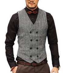 Men's Waistcoat Wool Tweed Slim Fit Leisure Cotton Suit Vest Gentleman Herringbone Pattern Beckham business Brown Wedding Groom