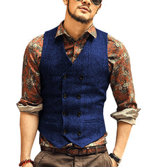 Men's Waistcoat Wool Tweed Slim Fit Leisure Cotton Suit Vest Gentleman Herringbone Pattern Beckham business Brown Wedding Groom