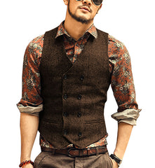 Men's Waistcoat Wool Tweed Slim Fit Leisure Cotton Suit Vest Gentleman Herringbone Pattern Beckham business Brown Wedding Groom