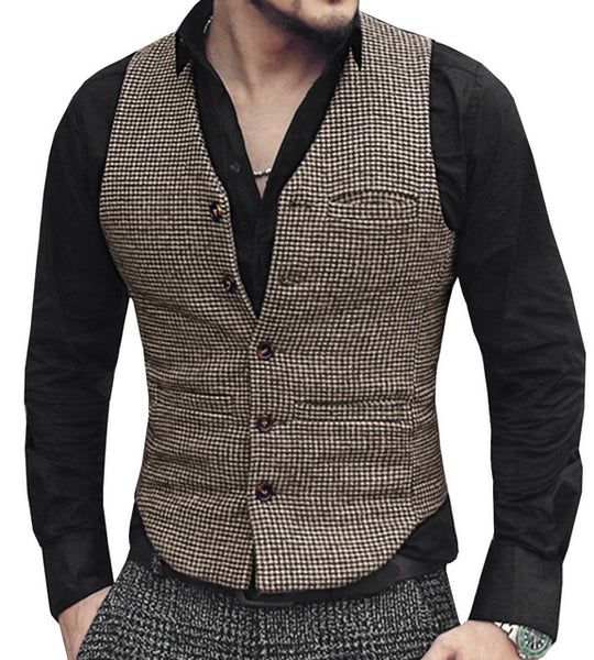 Mens Suit Vest V Neck Wool Brown Single-breasted Houndstooth Waistcoat Casual Formal Business Groomman For Wedding